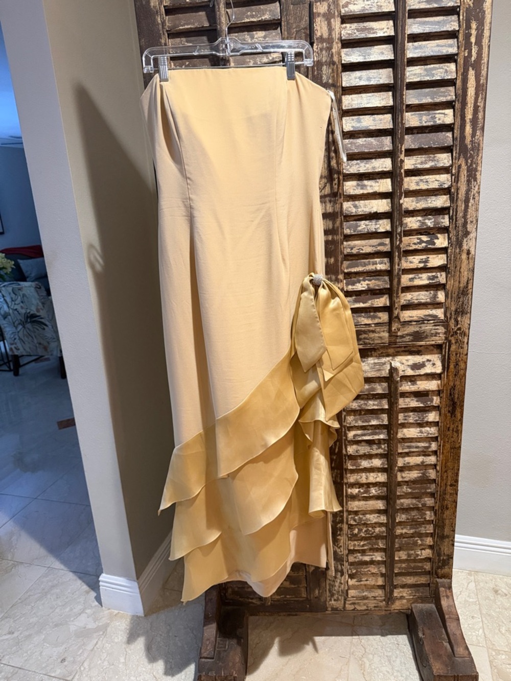 Jovani Strapless Cream and Gold Ruffle Gown